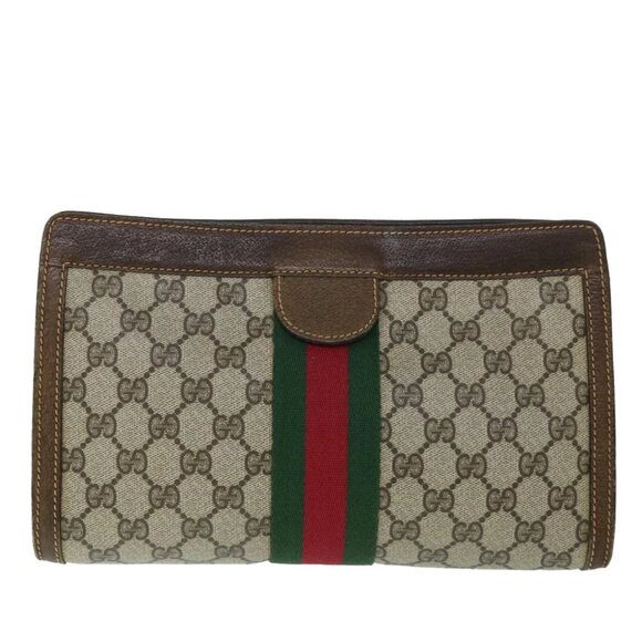 GUCCI GG Canvas Web Sherry Line Clutch Bag PVC Leather Beige Green Auth 54839 - Picture 1 of 16